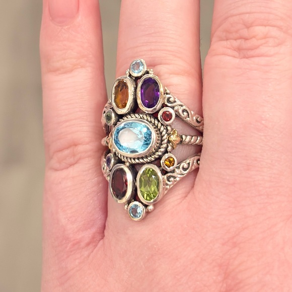 Sterling 18K Large Gemstone Ring, Bali Style Filigree Size 8.5 Rainbow Multigem - Picture 10 of 17